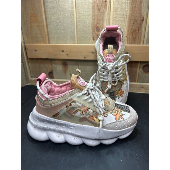 Versace Chain Reaction Sneakers EU37 US7 Pink/Beige Baroque Design Womens Shoes - Picture 2 of 12